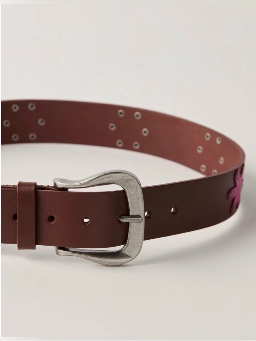 Free People Sonny Studded Leather Belt M-L Flower Power Brown Pink NWT Silver